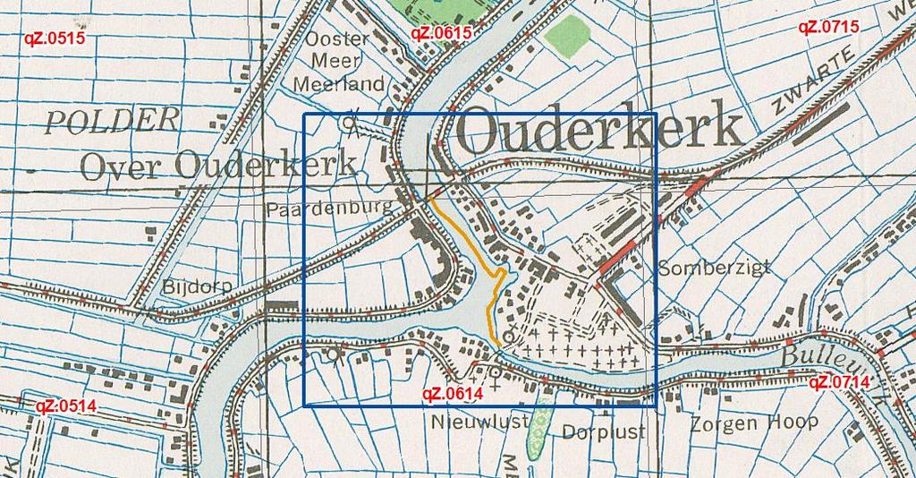 Bijlage 6 Uitsnede geallieerde stafkaart en bombardementsgegevens Het werkgebied ligt op de geallieerde stafkaart 360 (Ouderkerk) op de scheiding van de kaartvierkanten Z.0615 en Z.0614.