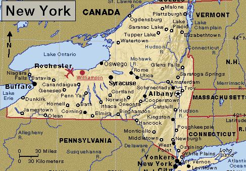 Afbeelding 2: kaart New York State De regio s waar wijnen geproduceerd worden, liggen tot 800 km van elkaar