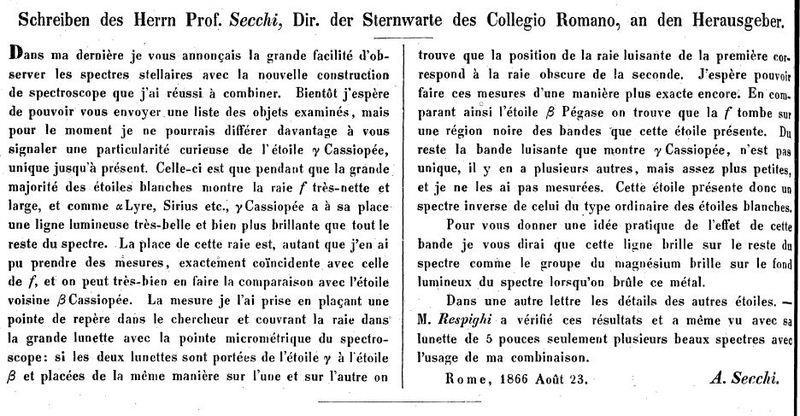 Spectroscopische ontdekking van de eerste Be ster, Gamma Cassiopeia door Angelo Secchi op