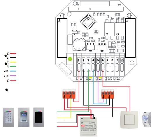 6. ansluitschema I/O-module potentiaalvrij, puls en maakcontact Potentiaal openings impuls: Poort 2+4 brug bouwen voor de (-GND) Poort 1+ gebruiken voor openings-signaal potentiaalvrij + Schakeling