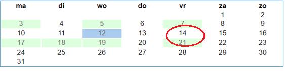 7 van 7 Klik nu op het drop down menu om de maand te kunnen selecteren wanneer de keuringsdag plaatsvindt. Selecteer nu de dag / datum, de groen gearceerde data zijn beschikbaar.