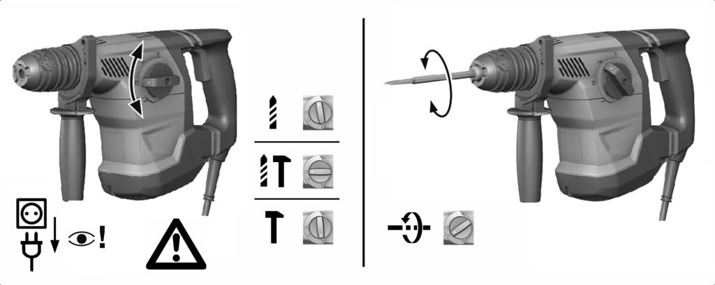 5.2.5 Beitelen Zet de functiekeuzeschakelaar op dit symbool:. 5.2.6 Rechts-/linksloop Stel de schakelaar rechtsom/linksom op de gewenste draairichting in.