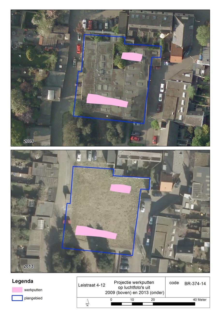 Afbeelding 5. Twee luchtfoto s met daarop de twee proefsleuven geprojecteerd. Op de bovenste foto is te zien dat er in 2009 nog in het gehele plangebied bebouwing aanwezig was.