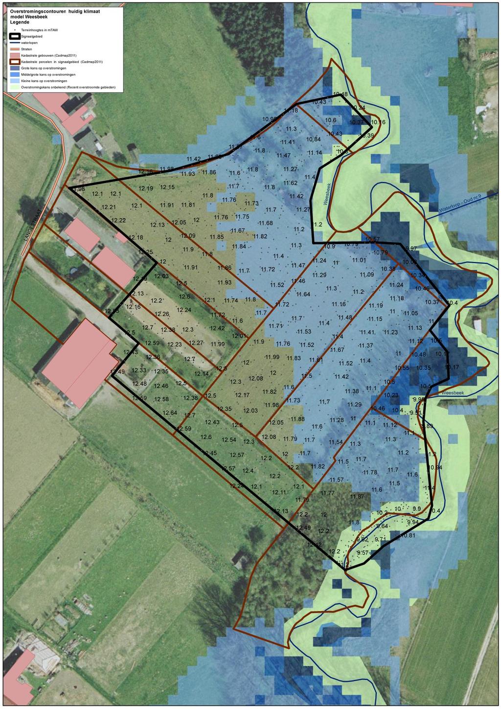 Handleiding kaart: De weergave van de kadastrale gebouwen (Cadmap 2011), kadastrale percelen (Cadmap 2011), straten en waterlopen geven een situering van het signaalgebied.