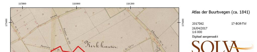 b) Atlas van de buurtwegen (ca. 1841) Figuur 24: Afbakening van het onderzoeksgebied (rood) op de Atlas der Buurtwegen (ca.