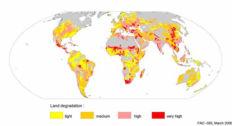 Mondiale achteruitgang van de bodem: World map of severity of land