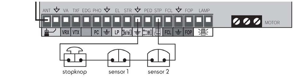 noodstopelementen: -stopknop -sensor Opmerkingen: Het is mogelijk meerdere noodstopelementen te gebruiken. Hiertoe moeten ze in serie aangesloten worden 5.