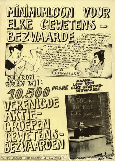 p Affiche van de Verenigde Aktiegroepen Gewetensbezwaarden voor een minimum maandloon van 10.500 Belgische frank voor alle gewetensbezwaarden, 1978.