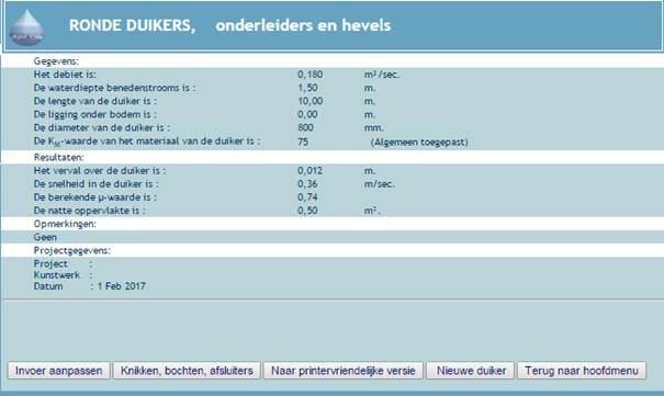 Wanneer een ronde duiker van diameter 800 mm wordt aangelegd is de opstuwing slechts