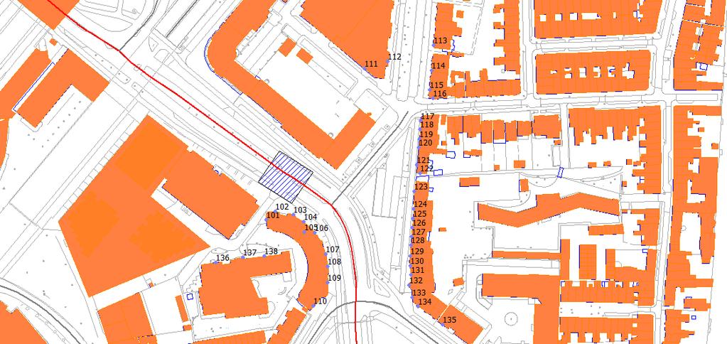 Figuur 3.2: Situering waarneempunten herinrichting Schuttersveld De nieuwe woningen zijn beoogd in twee woontorens. Per verdieping is de geluidsbelasting berekend op 1,5 meter hoogte t.o.v. het vloerpeil.