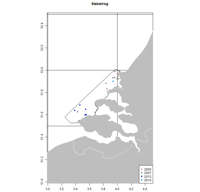Figuur 12 Locaties waar stekelroggen in de Voordelta zijn gevangen in demersale vissurveys (DFS, IBTS, BTS, MVII) in de periode 1970 t/m 1 e kwartaal 2017 en andere programma s (discard programma van