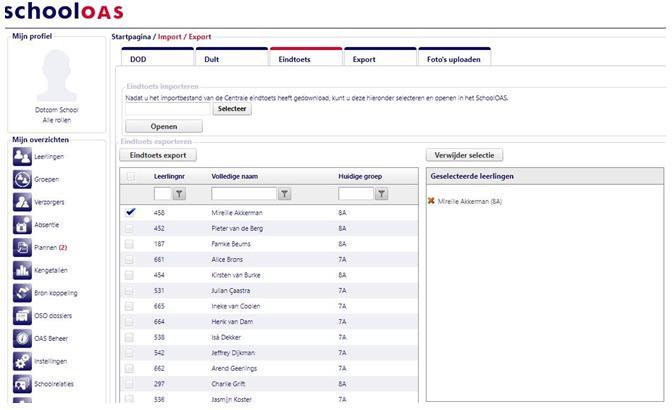 Tevens kunt u een gehele selectie aanvinken door boven aan de tabel naast het leerlingnr het