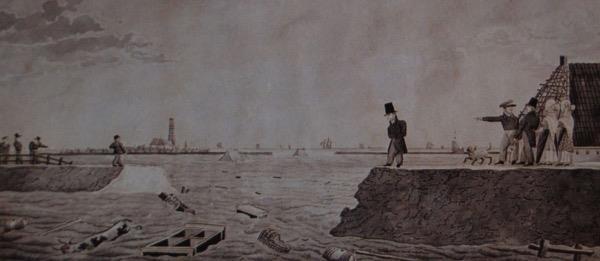 Bron 9: Tekening van de bres in de dijk ten westen van Workum, nadat de storm van 1825 is gaan liggen. De overstroming van 1825 was niet de enige overstroming die Friesland ooit heeft getroffen.