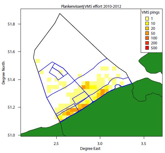 Figuur 2. Overzicht van de Belgische plankenvisserij (links) en de Nederlandse boomkorvisserij (rechts) in de periode 2010-2012.