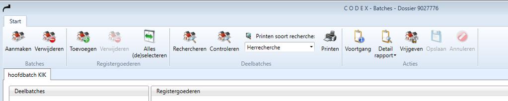Sneltoetsen Binnen KIK-R batches kunt u ook gebruik maken van de volgende sneltoetsen: Control + s om op te slaan Control + o om het Rechercheer scherm van de batch te openen 2.