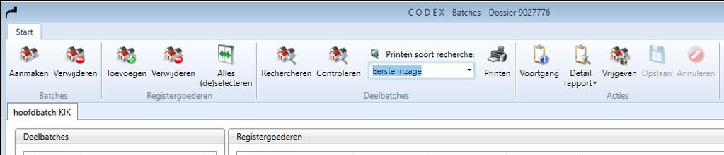 Registergoederen kunnen toegevoegd of verwijderd worden uit de batches via de knoppen onder