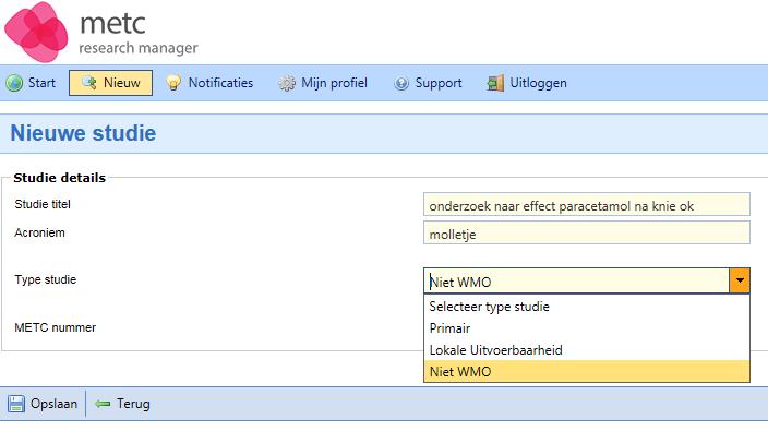 6. Vul daarna het linker scherm verder in (het rechterscherm is voor METC). METC nummer krijg je toegewezen als studie is goedgekeurd.
