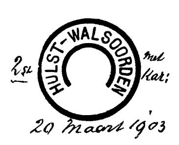 HULST-WALSOORDEN GRTR 0115 1903-03-20 cijfers: I II III letters: A B C Op 20 maart 1903 werden twee grootrondstempels verstrekt.