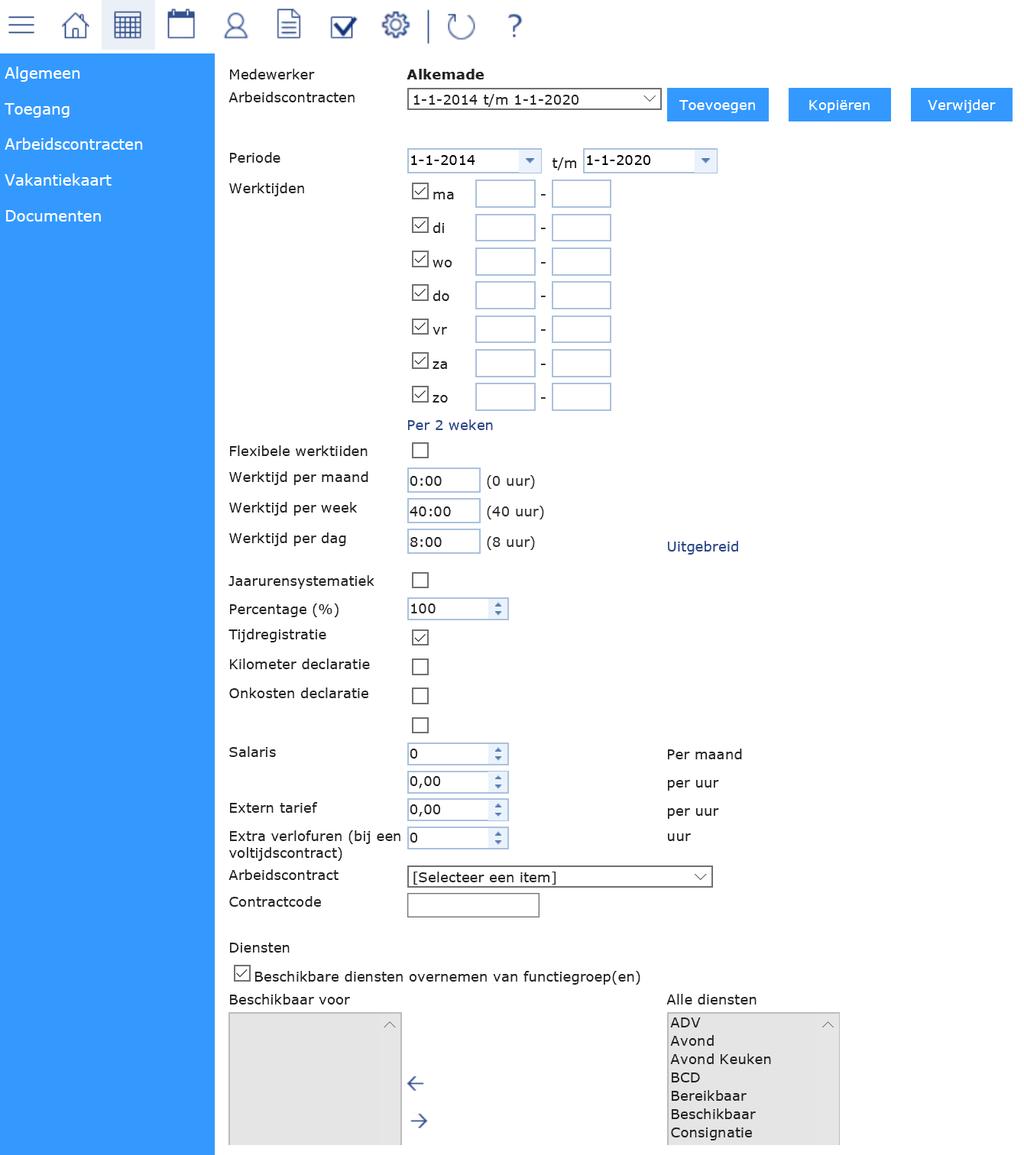 De tab Arbeidscontracten bevat de gegevens van de voor deze medewerker gelden arbeidsvoorwaarden.