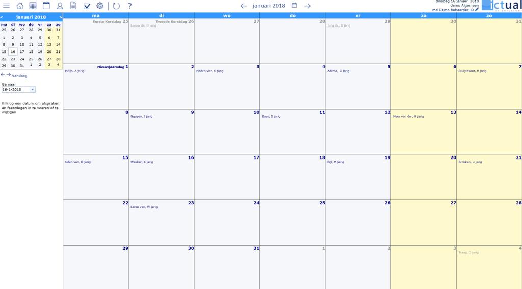 Algemene Kalender en feestdagen [BEHEERDER] De algemene kalender is te wijzigen via het menu - Algemene Agenda.