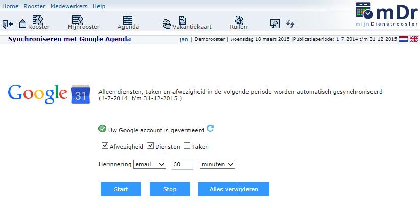 Synchroniseren met de (Google) Agenda Start de synchronisatie met uw Google Agenda via het menu - Instellingen Synchroniseren met (Google) Agenda. Afbeelding 24 Klik op de knop [Start].