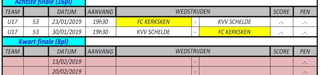 De wedstrijden worden gespeeld op: 23/01/2019 FC KERKSKEN - KVV
