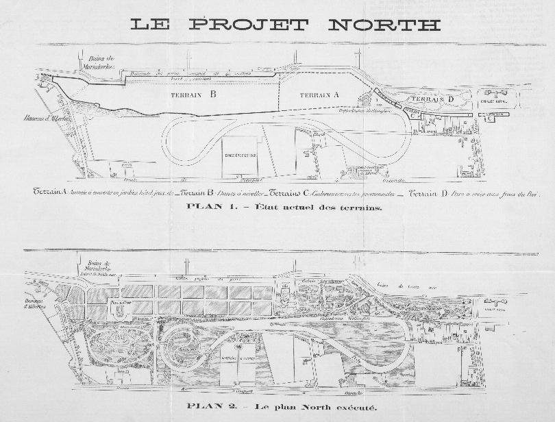 Het zgn. North plan (1894 onderste plan) dat voorzag in de uitbreiding van Oostende aan de westzijde. Het Royal palace hotel en het fort (?) staan erop aangegeven.