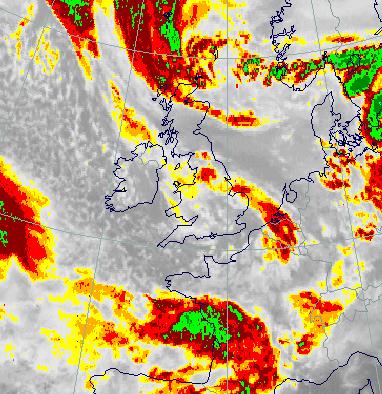 Achter de comma is droge lucht aanwezig die zichtbaar is als een zwarte veeg over het zuiden van Engeland en noordwesten van Frankrijk.