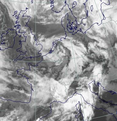 Fig 6: IR-beeld 13 februari 1997 12:00 UTC: comma Fig 7: WV-beeld 13 februari 1997 12:00 UTC: comma Op figuur 6, 7 en 8