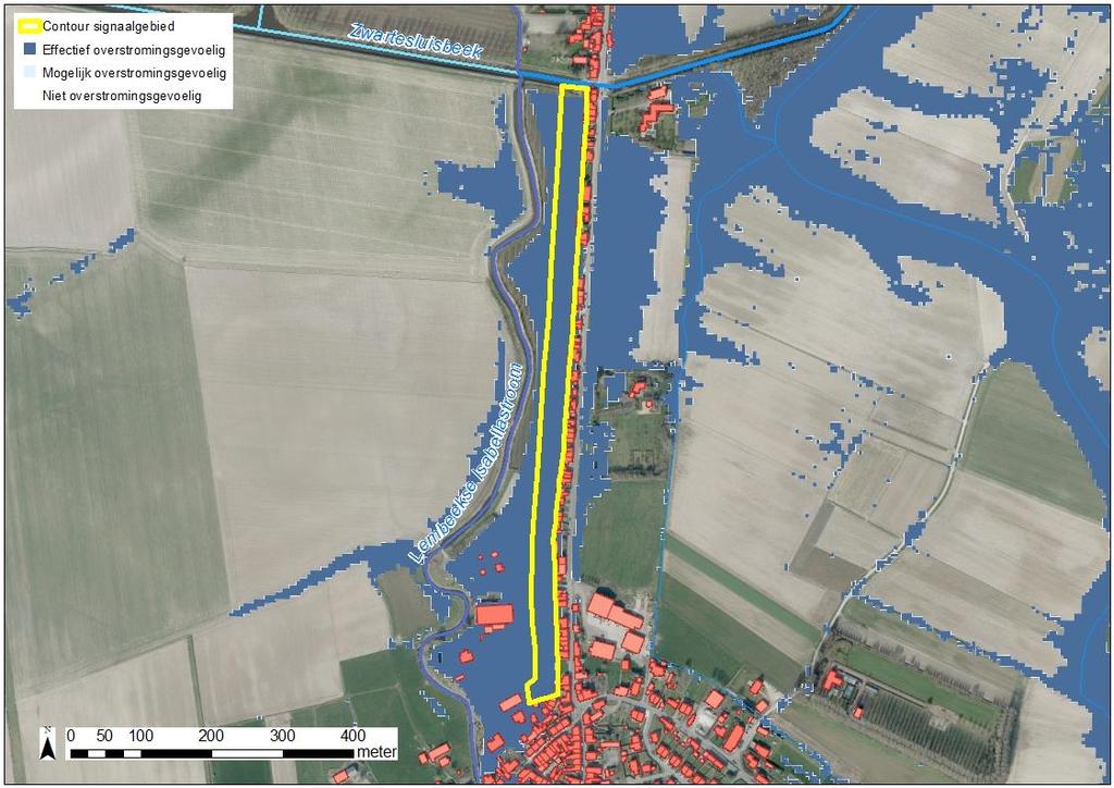 Figuur 5: watertoetskaart van het signaalgebied op recente orthofoto (medio 2015) met aanduiding van de overstromingsgevoelige gebieden (lichtblauw = mogelijk overstromingsgevoelig; donkerblauw =