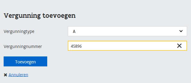 Wanneer u minstens één vergunning toegevoegd hebt, klikt u op Het type SW is toegevoegd aan de voorafgaande aangifte.