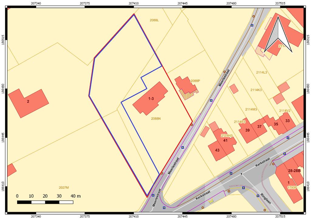 11 Afb. 33: Kadasterplan met aanduiding van de zone die in situ behouden zal blijven in het blauw en met aanduiding van het onderzoeksterrein in het rood (Bron: Geopunt/QGis, digitaal plan, dd.