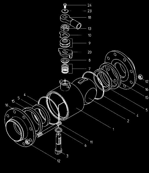 44 9 2 Schotelveer 1.43 1.43 b 4 Bout DIN 9-. 1.41/A2 11 c 4 Moer DIN 9-1.41/A2 12 2 Spindelmoer 1.0711 1.41/A2 13 3 Beschermhuls PTFE grafietgevuld 14 2 Centreerring PTFE % glasgevuld 2 Tegenflens C.