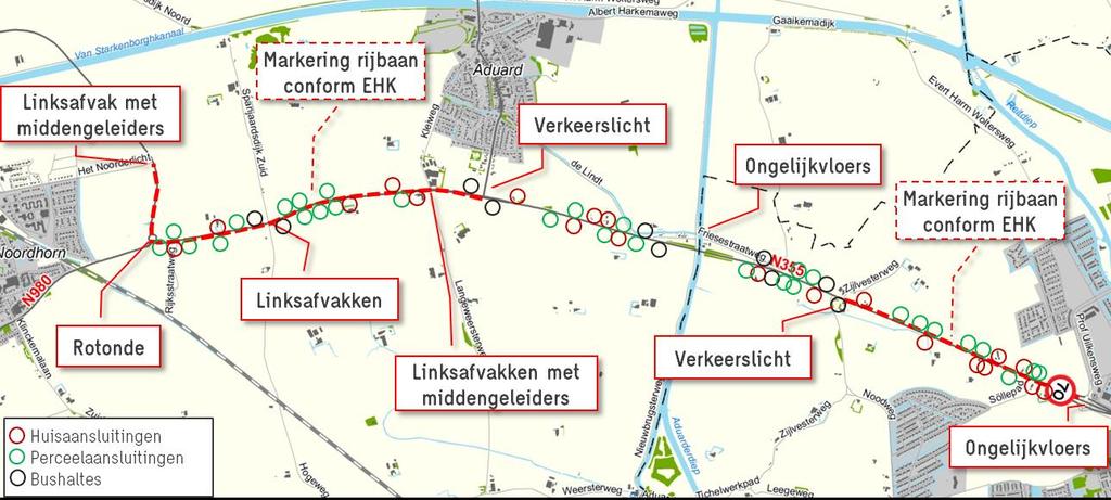 Erf- en perceel aansluitingen: Noordzijde: 8 huisaansluitingen, 16 perceelaansluitingen; Zuidzijde: 11 huisaansluitingen, 14 perceelaansluitingen; Recreatief netwerk (fietsknooppuntennetwerk).