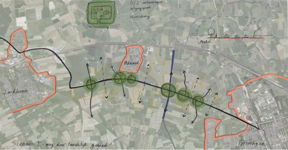 Aan de uiteinden van de verbinding liggen de stedelijke zwaartepunten (Groningen-Zuidhorn versus Hurdegaryp-Leeuwarden) waar de N355 zich manifesteert als autonome radiaal door het landschap.