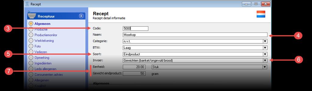 3. Geef bij het invoervak Code een unieke receptcode op. Wij raden u aan om de receptcode over een te laten komen met de artikelcode van uw eindproduct.