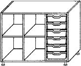 Standaarddecor: beuken Binnenmaten InBox M, B/H/D: 25 x 8 x 37 cm Kast met 24 laden TS 4/24 TS 4/24 F Met 12 laden links en 2 legborden rechts, met