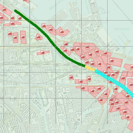 Externe veiligheid bestemmingsplan Spaarndammers en Zeehelden 16 Figuur 6. Ligging kilometer hoogste groepsrisico. Transport ontwerp Basisnet Spoor, bebouwing nieuwe situatie. Gridgrootte is 500 m.