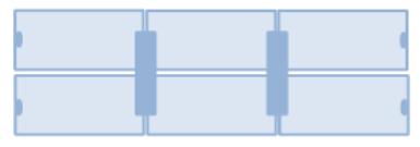 Tussen de bureaubladen tegenover elkaar is een ruimte van 8 cm, tussen de bureaubladen naast elkaar is een ruimte van 2,5 cm.