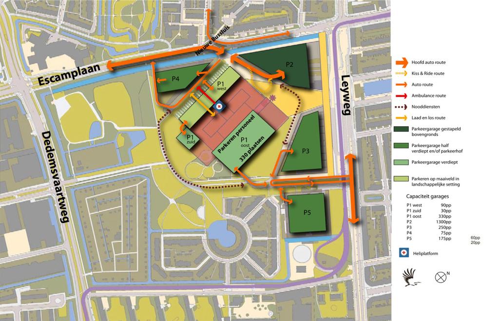 Aan en afvoer verkeer betaalde parkeergarages P2, P1,P4 en EHBO, SEH, via Escamplaan Vanaf de Houtwijklaan, Dedemsvaartweg Bestemmingsverkeer en sluipparkeerders voor het