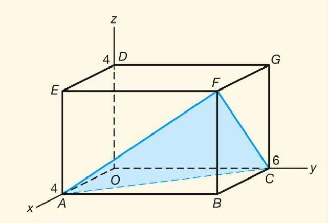 8.2 Vergelijkingen van vlakken [1] Gegeven is de balk OABC DEFG met A(4, 0, 0), C(0, 6, 0) en D(0, 0, 4). De lijn l gaat door D en staat loodrecht op het vlak ACF.