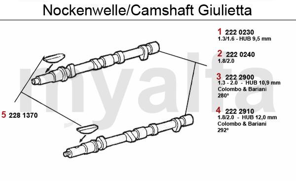 2 2220240 Nokkenas inlaat/uitlaat 105 serie, 116,1750-2000 carburateur, 75 en IE alleen uitlaat 315,21 3 2222900 Sportnokkenas Colomo&Bariani