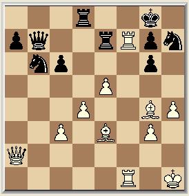 24 Le7-g5 Le3-g1 25 Ph7-f8 h2-h4! 26 Vraagt de loper om een verklaring. 26 Lg5-e7 e4-e5 27 Dit wijst op 28. Dc4, met de bedoeling te slaan op f7 en een dubbelschaak aan te kondigen met Ld5.