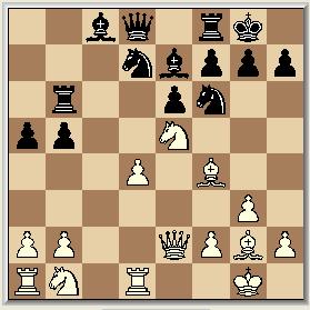 In eerdere partijen zette zwart voort met 9, Ph5 of met 9, b6. Tf1-d1 10 Pf6-h5 Lf4-c1 11 b7-b5 Met een aantal pionzet mogelijkheden. Zwart dwingt wit opnieuw tijd te investeren in de opening.