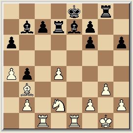 Nu zwart niet Kf8 wil spelen moet hij wel de pluspion terug geven. Pf3xd4 13 Pc6xd4 Dd1xd4 14 Dd8xd4 c3xd4 15 Lc8-b7 Lc1-g5 16 h7-h6 Opnieuw na lang overwegen gespeeld. 16, Td8 17. Pd2, Pxd4 18.