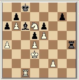 24, axb5 25. Lxb5 (25. axb5?, Pf4) 25, b6 26. Lxe8, Txe8 (26, Kxe8 27. Tc7) 27. Pxf7+. b5-b6!
