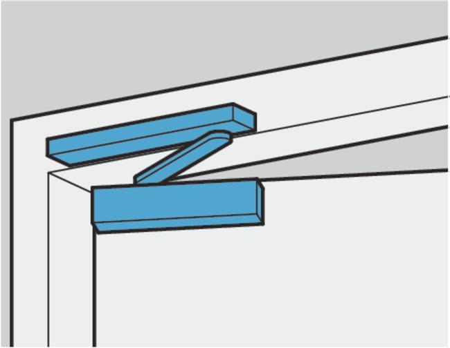 4 Productinformatie Montageafmetingen met montageplaat voor kozijnmontage aan scharnierzijde Dranger aan scharnierzijde van het deurkozijn.