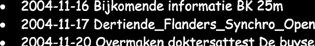 Eindwerk Livio Proot en Sandy Pollentier 2004-10-26 Inschrijving wedstrijd Beveren 2004-10-27 Aangetekende inschrijvingen BK Wachtebeke 2004-10-27 Dokterattest De Wetter Gilles 2004-10-27 Stephanie