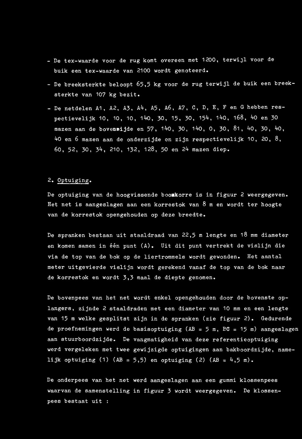 - De netdelen A1, A2, A3, A4, A5, A6, A7, C, D, E, F en G hebben respectievelijk 1 0, 1 0, 1 0, 140, 3 0, 15, 30, 154, 140, 1 6 8, 40 en 30 mazen aan de bovenaijde en 57, 140, 3 0, 140, 0, 3 0, 8 1,