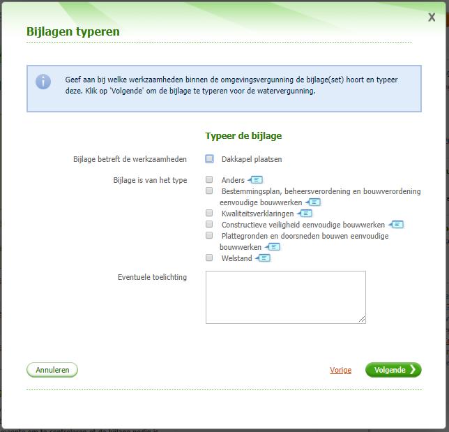 Deel 3: Vergunningcheck en aanvraag opstellen en indienen 6. Klik op Volgende om verder te gaan met het typeren van de bijlagen.